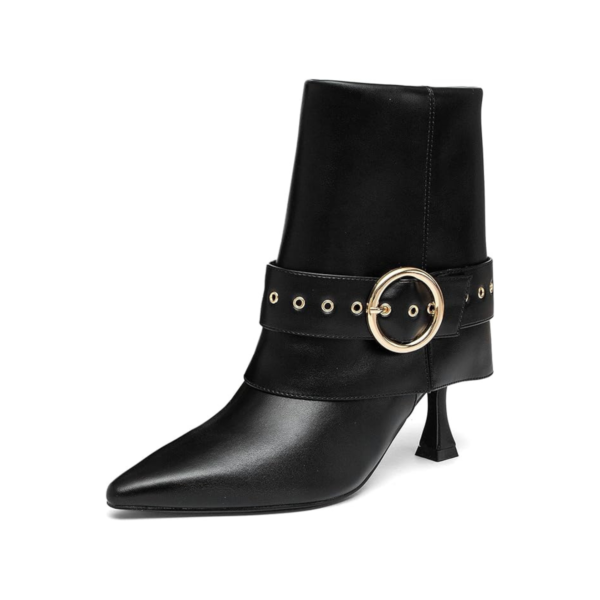 Black Pointed-Toe Ankle Boots with Gold Buckle