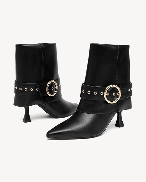 Black Pointed-Toe Ankle Boots with Gold Buckle